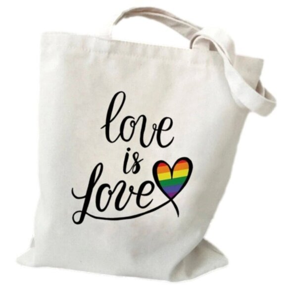 Love Is Love Rainbow Heart Tote Canvas Pride Bag LGBT Reusable Grocery 13x15 NWT - Picture 1 of 2